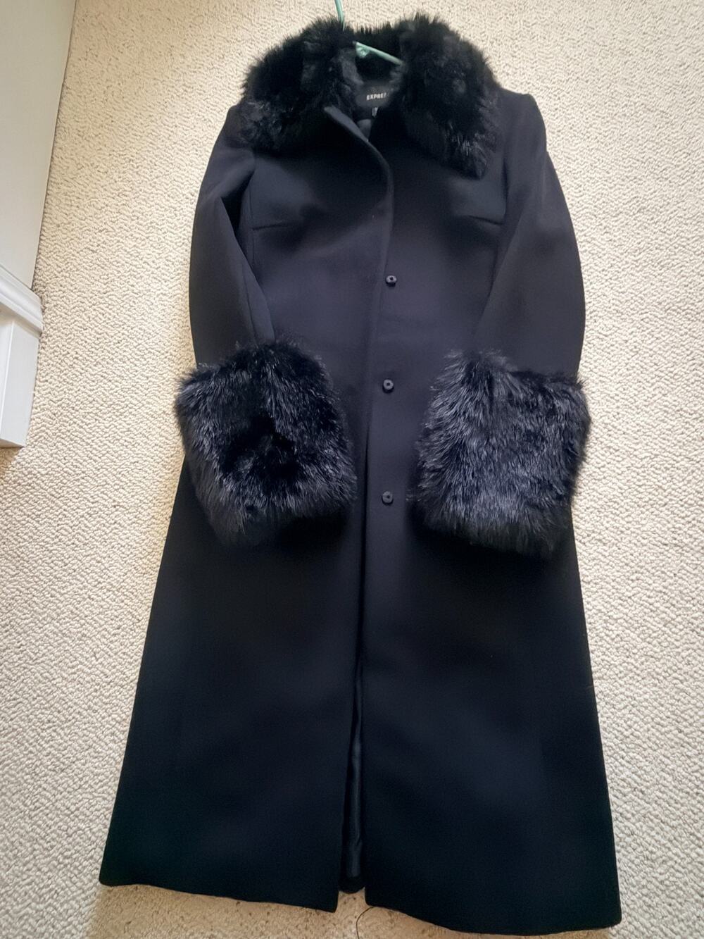 Express 100% Wool Long Overcoat Black Faux Fur Collar Cuffs Women's Size 7/8